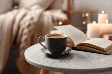 Coffee cup and open book resting on table with lit candles in cozy home interior, creating peaceful atmosphere for reading and relaxation