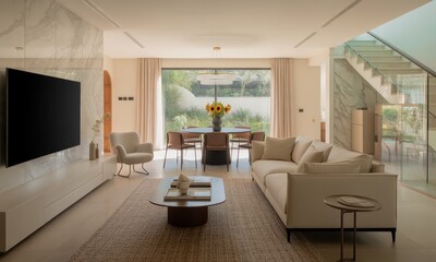 Fototapeta premium Sunlit, minimalist living space featuring a neutral palette, cream sofa, wooden coffee table, dining area with sunflowers, marble wall, and glass staircase