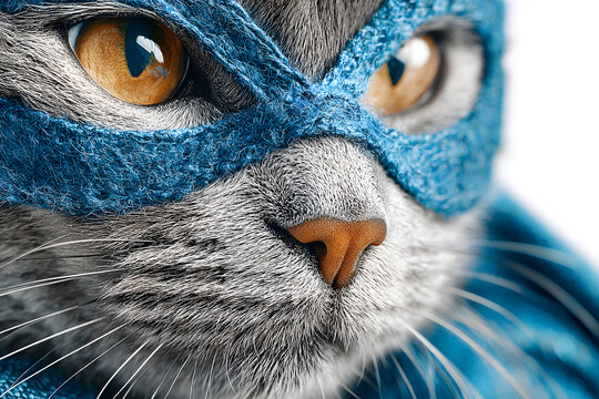 superhero, scotch whiskey with a blue cloak and mask. The concept of a superhero, super cat, leader. On a white background.Macho, Isolate
