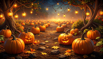 Enchanting Halloween Pumpkin Patch at Dusk