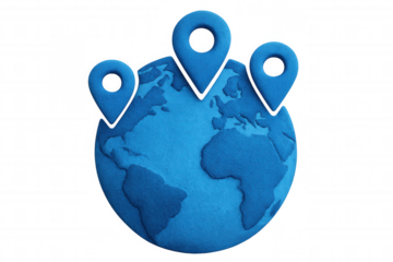 Blue world globe showing multiple locations with location pins on transparent background, perfect for global business and travel concepts