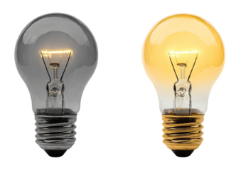 Two incandescent light bulbs, one gray/dark, one yellow/golden, against a black background.  Both bulbs illuminate, focused on the filament