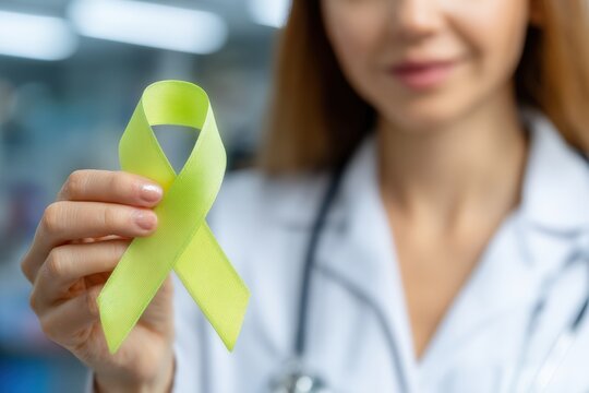 Doctor showing lime green awareness ribbon, for supporting people with cerebral palsy, depression, Lymphoma, mental health, mitochondrial disease, or other causes - Powered by Adobe