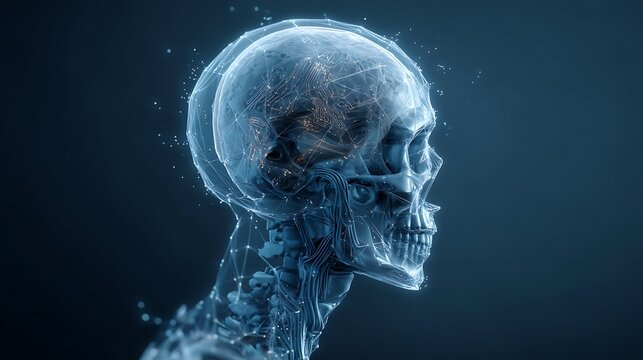 Digital Human Skull with Neural Network Visualization in Futuristic Blue Tones