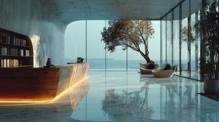 Serene interior design with a blend of nature and modern architecture style