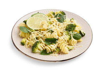 Delicious fusilli pasta with broccoli, cheese and lime slices in plate on white background