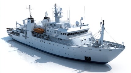 Detailed 3D Render Of A Large White Research Vessel On Calm Water A Modern Maritime Research Vessel Design For Scientific Expeditions