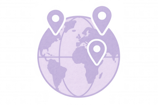 Purple globe indicating locations with map pins, ideal for travel and global concepts, on a transparent background