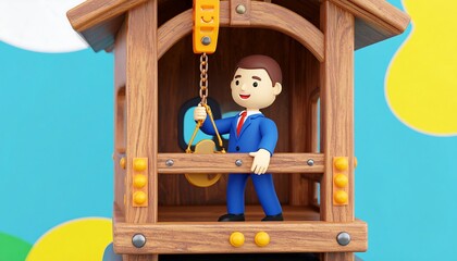 Cartoon businessman in a wooden clock tower