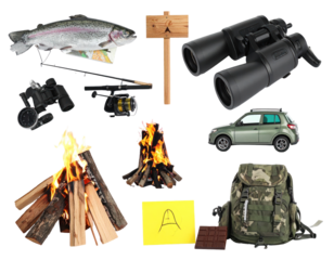 Arrangement Of Fishing Gear And Camping Equipment On Transparent Background Featuring A Trout Binoculars A Campfire And A Car Representing Outdoor Adventures