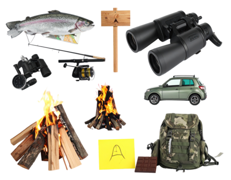 Arrangement Of Fishing Gear And Camping Equipment On Transparent Background Featuring A Trout Binoculars A Campfire And A Car Representing Outdoor Adventures