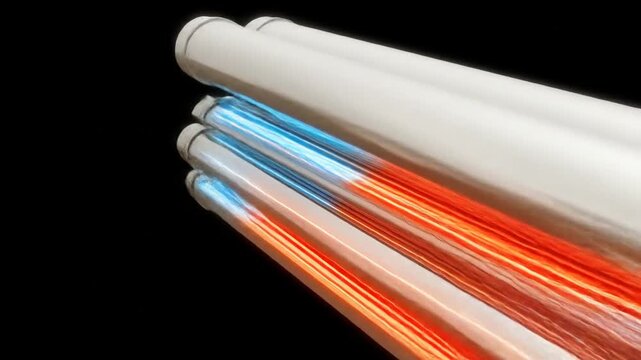 Shiny metallic tubes contain a blue to red gradient light show