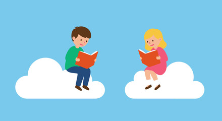 Naklejka premium A young boy and girl sit on separate fluffy clouds in a blue sky, engrossed in reading their books.