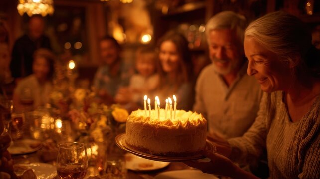 Medium shot of a middleaged person cutting a birthday cake with blurred family members and warm ambient lighting enhancing the intimate celebration feel.