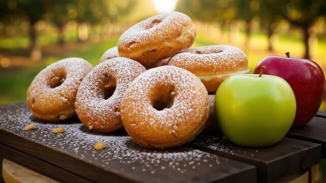 A stack of powdered donuts  apples sit on a wooden surface against an orchard backdrop