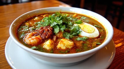 Spicy Seafood Noodle Soup with Egg and Cilantro in White Bowl