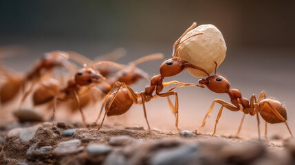 Close up of team of ants cooperating to lift a large white seed together Close up of red ants working together. Two ants carry a large food item across the rough ground. Team effort by insect colony.