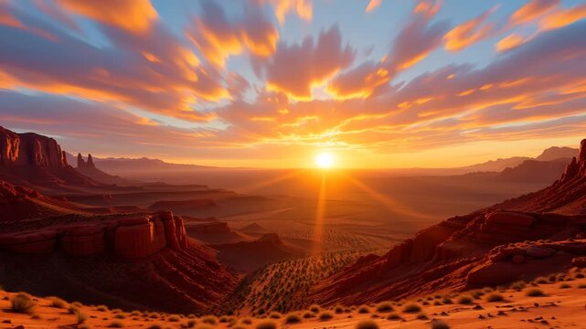 Desert Sunset Vista: An awe-inspiring panorama unfolds as the sun dips below the horizon, painting the desert landscape with fiery hues and casting long shadows, offering a breathtaking view.