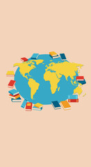A stylized illustration depicting a globe surrounded by numerous colorful books, symbolizing global education and knowledge.