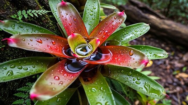 Bromeliad Plant with Water Droplets in Rainforest