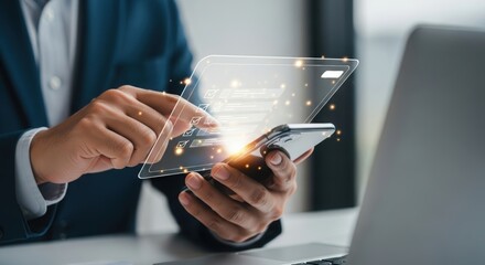 Businessman interacting with futuristic holographic display on mobile device