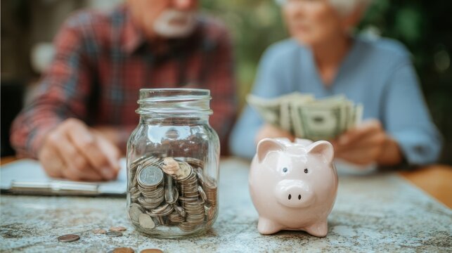 Hands holding cash and a savings jar blurred background showing a couple discussing expenses capturing the essence of saving for future goals.