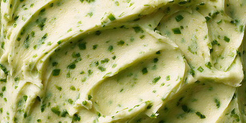 Herbaceous Butter Delight: A vibrant close-up captures the creamy texture of butter infused with fresh, finely chopped herbs, evoking the essence of culinary art