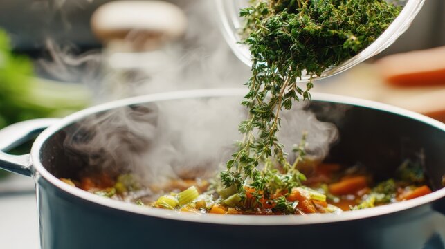 Medium shot of adding chopped herbs into a vibrant vegan soup pot steam softly blurring background surfaces and kitchen utensils evoking healthy plantbased cooking vibes.