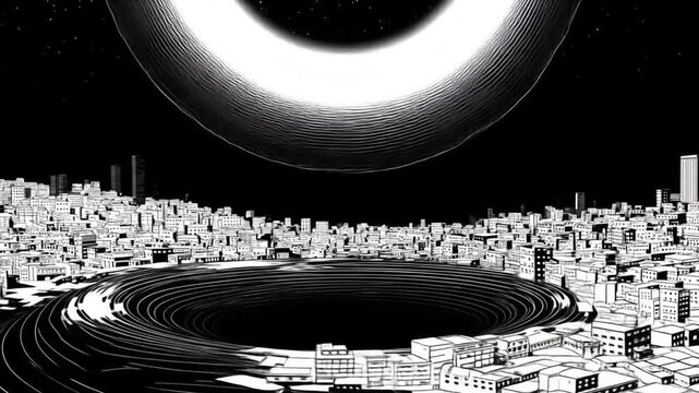 Surreal grayscale city swallowed by a spiraling void under a dark sky