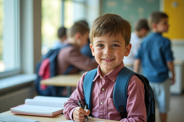 A cheerful boy with a backpack sits at his desk, writing in a notebook while classmates engage in activities around him during school time - Education concept - Generative AI.