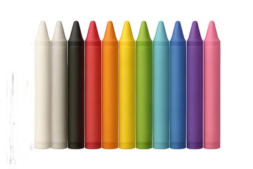 Vibrant rainbow-colored crayons lined up symmetrically, creating artistic palette against clear glass-like surface