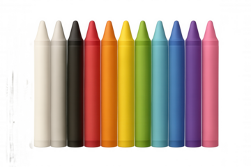 Vibrant rainbow-colored crayons lined up symmetrically, creating artistic palette against clear glass-like surface