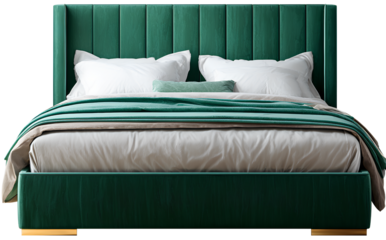  Modern bed with headboard and green velvet, transparent background PNG cutout. 