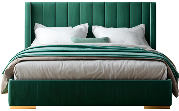  Modern bed with headboard and green velvet, transparent background PNG cutout. 