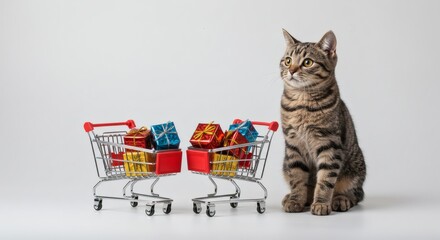 Adorable Shopping Spree Cute Cat Featuring Miniature Carts Filled with Gifts