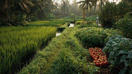 Fototapeta premium Green paddy field with tomatoes