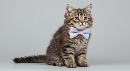 Adorable Tabby Kitten Wearing a Cute Cat Bow Tie Sitting Pretty for a Photo Shoot