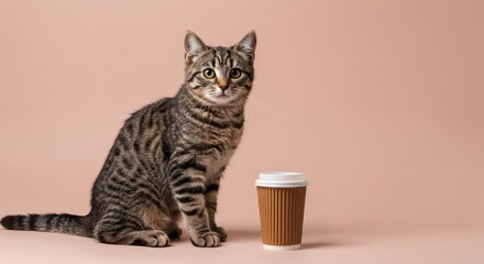 Adorable Moment A Cute Cat Posing with a Coffee Cup on Peach Backdrop