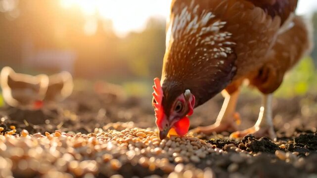 Chicken eating grains outdoor scene