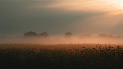 Vast sunflower field emerging from thick morning fog under a glowing sunrise. Warm light bathes the tranquil rural landscape.
