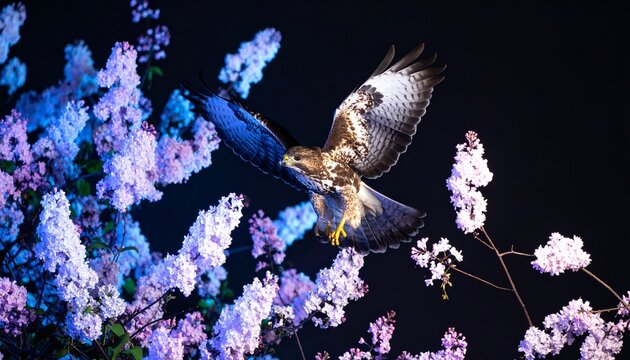 Mystical hawk in flight surrounded by luminous pink cherry blossoms against a dark, sparkling background.