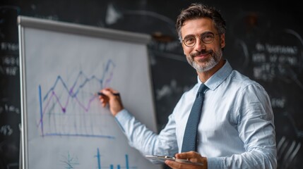 Confident businessman leading presentation for diverse team in office, leadership and strategy concept