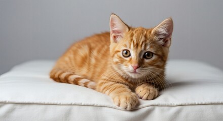 Obraz premium A heartwarming, natural portrait of a Cute Cat ginger tabby kitten, resting calmly on a soft white cushion, innocent, curious eyes captivating the viewer.