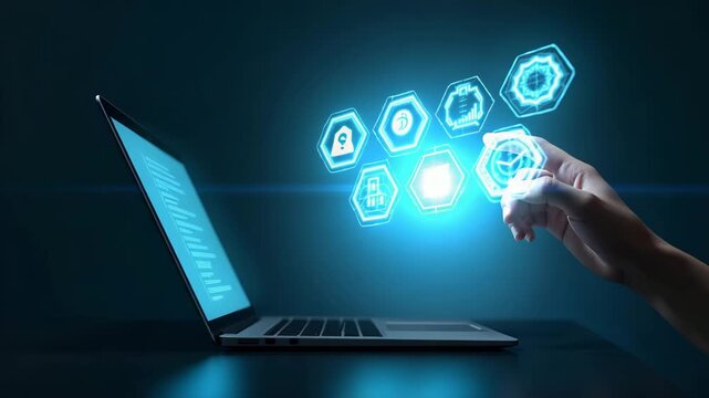 Hand interacting with holographic SAP system interface on laptop showcasing business process automation, data management, and digital transformation icons in empty space. - Powered by Adobe