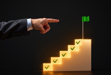 Business progress steps with checklist and green flag