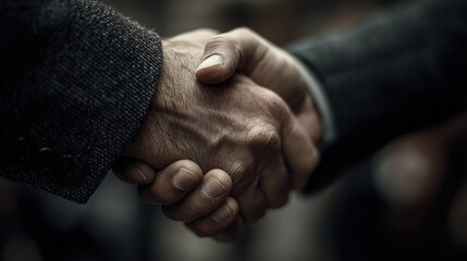 Dark cinematic shot of handshake between two executives, symbolizing trust and partnership in professional setting. image captures essence of collaboration and mutual agreement