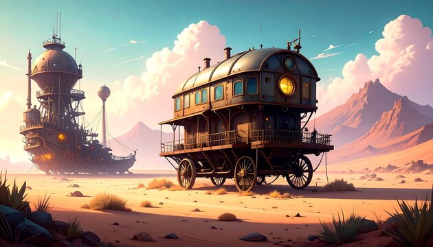 Steampunk caravan in desert landscape (1)