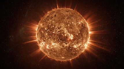 Detailed Close Up Of A Glowing Orange Sun In A Dark Starry Night Sky, Cosmic Celestial Body, Radiating Heat And Light, Bright Starry Universe