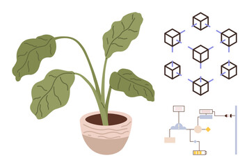 Green potted plant, interconnected blockchain cubes, and workflow automation diagrams. Ideal for technology, sustainability, innovation, efficiency, ecology blockchain growth. Simple flat metaphor