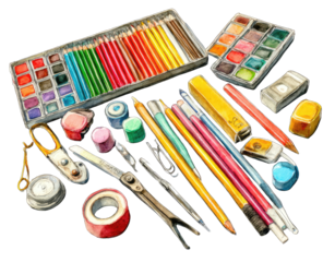 Colorful art supplies arranged in a chaotic composition